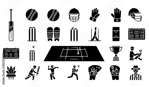 Cricket Glyph Vector Icons Pack – Sports Equipment and Game Elements