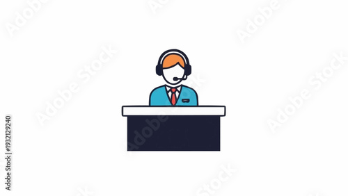 Man wearing headset sitting at desk.