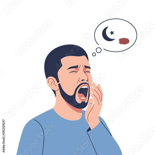 A Muslim man yawns, thinking of fasting during Ramadan