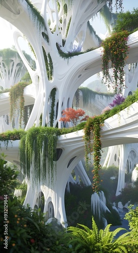 Organic architectural structures integrate seamlessly with abundant lush green vegetation in a futuristic setting