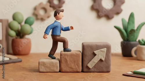 Man climbing three clay blocks with upward arrow, motivational business growth concept