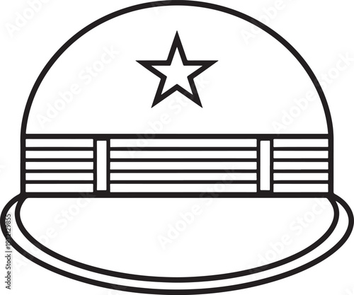 Military helmet with star insignia outline icon in black and white