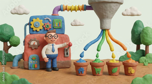 Plasticine factory machine pouring colorful material into labeled pots, cheerful concept scene