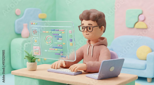 Claymation programmer desk typing with laptop and holographic code display conveying focus