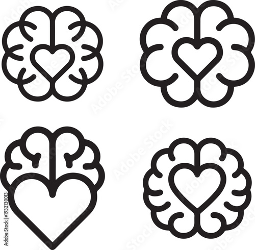 Brain and Heart Connection Icons: Symbols of Logic, Emotion, and Balanced Mental Well-being