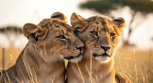 Two young lions rest closely together amid tall, dry grasses during sunset