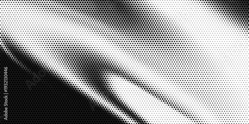 Black seamless hexagon texture. Repeated honeycomb pattern background. Geometric hexagonal halftone tech overlay backdrop. Abstract repeating hex halftone. Vector retro technology dot texure wallpaper