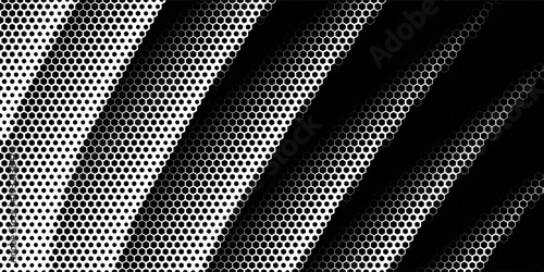 Black seamless hexagon texture. Repeated honeycomb pattern background. Geometric hexagonal halftone tech overlay backdrop. Abstract repeating hex halftone. Vector retro technology dot texure wallpaper