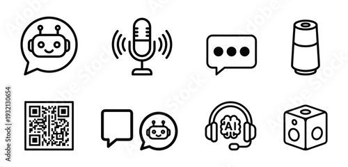 AI and Digital Assistant Icon Set — Chatbot, Voice Mic, Chat Bubble, Smart Speaker, QR Code, AI Chat, Headset, Dice Line Art