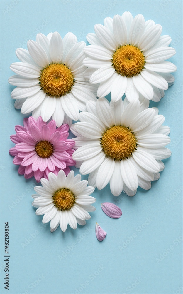 Obraz premium White daisies and one pink flower arranged on light blue background.