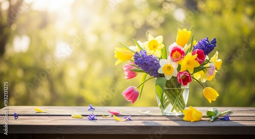 Beautiful spring bouquet with tulips, daffodils, and hyacinths in a glass vase on a sunny day outdoors. concept of colorful floral arrangement, springtime beauty, garden flowers, copy space