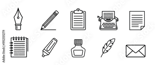 Writing and Content Creation Icon Set — Pen Nib, Pencil, Clipboard, Typewriter, Notepad, Ink, Feather, Envelope Line Art