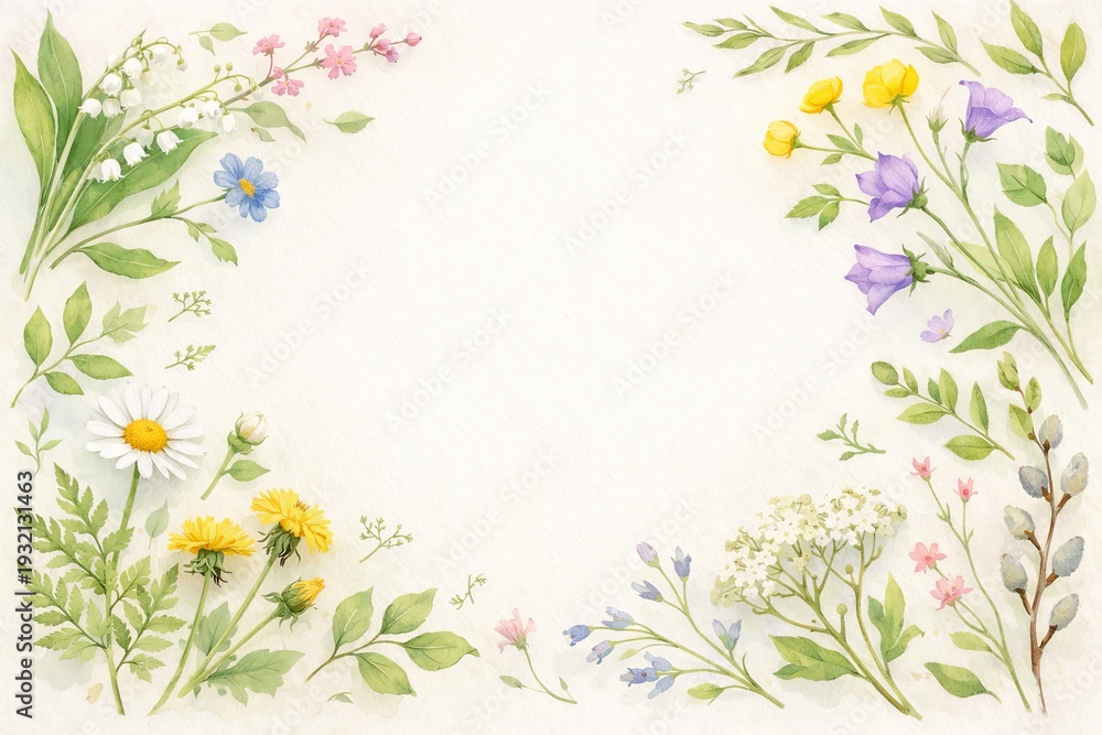 Fototapeta premium Watercolor spring flowers and plants on white background with floral border design. concept of nature's beauty, seasonal greeting card, botanical illustration, copy space