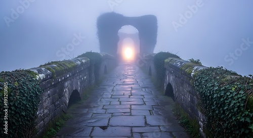 Ancient stone bridge arches disappear into thick, glowing fog at dawn or dusk