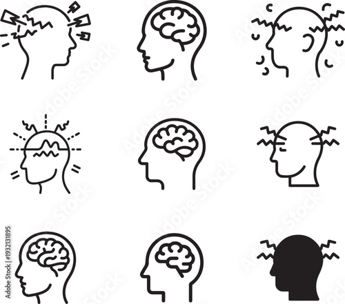 Stress and Headache Icon Set Depicting Migraine Pain and Mental Health Challenges