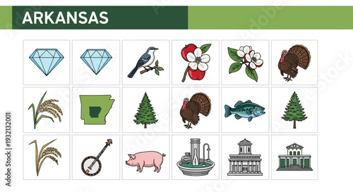 Arkansas State Symbols and Iconic Elements Illustrated Collection A Diverse Set of Stylized Icons Representing Nature, Culture, and Landmarks