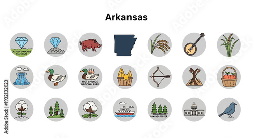 Comprehensive Vector Icon Set Illustrating Arkansas's Diverse Natural Resources, Significant Landmarks, and Rich Cultural Heritage Elements in a Modern Style
