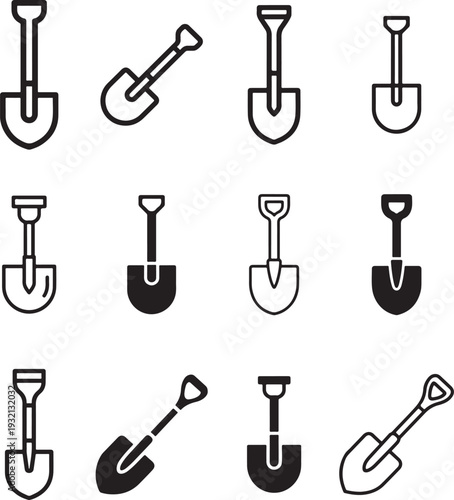 Set of Shovel and Spade Icons for Construction Gardening and Manual Labor Design