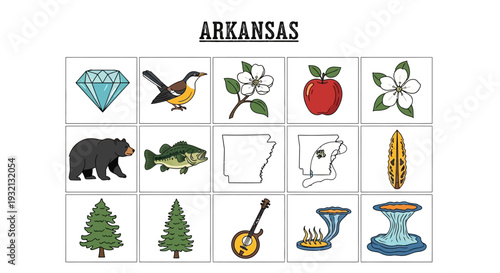 Illustrative collection of Arkansas state symbols, showcasing iconic nature, cultural elements, and geographic outlines, ideal for educational and graphic design applications