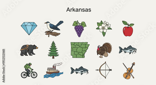 A vibrant collection of Arkansas state symbols, featuring iconic elements like precious gems, diverse wildlife, and natural landscapes in a detailed vector illustration set