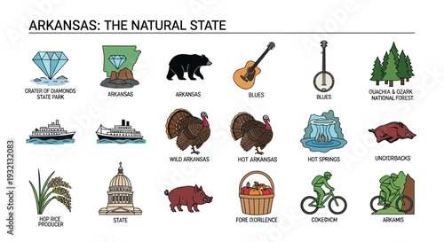 Illustrated icons showcasing Arkansas's natural parks, wildlife, outdoor adventures, and cultural landmarks, perfect for travel promotions and guides to explore the state's diverse appeal