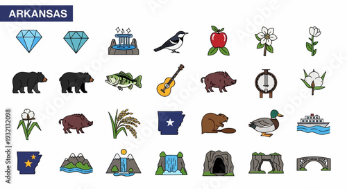 Vibrant vector icon collection showcasing Arkansas state symbols, natural landmarks, diverse wildlife, and rich cultural elements for design projects and educational materials