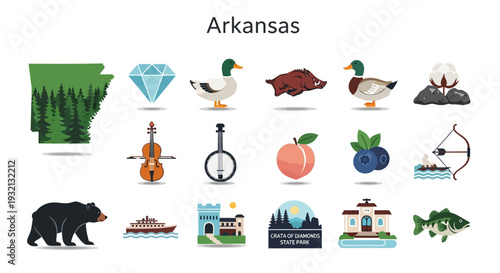 Arkansas State Icons Collection Diverse illustrated symbols representing the Natural State's wildlife, culture, and iconic landmarks