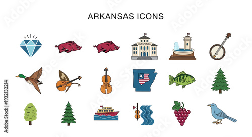 A comprehensive collection of Arkansas-themed vector icons showcasing state symbols and landmarks for various design projects and educational content