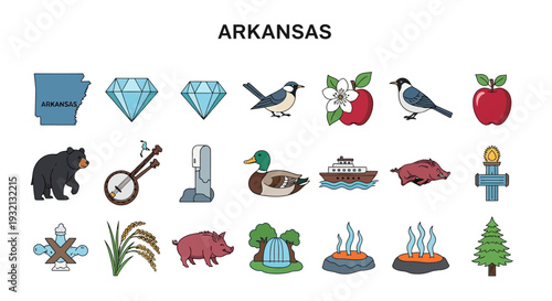 Comprehensive Vector Icon Collection of Arkansas State Symbols, Natural Resources, Wildlife, and Cultural Heritage Elements for Digital Projects