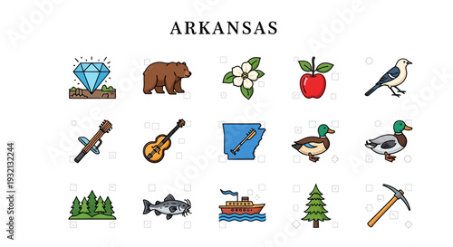 Arkansas State Symbols Collection A Vibrant Vector Icon Set Showcasing the Natural State's Geography, Wildlife, Resources, and Culture