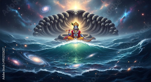 Deity rests upon coils of a many-headed serpent above turbulent cosmic waters
