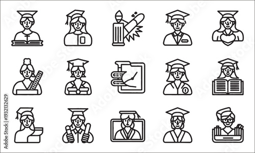 Graduation icons set with students and education related symbols and objects