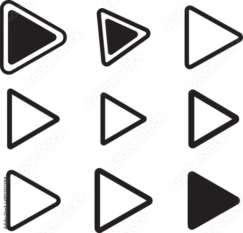 Multimedia play button icons and triangle symbols for video player and audio interface design