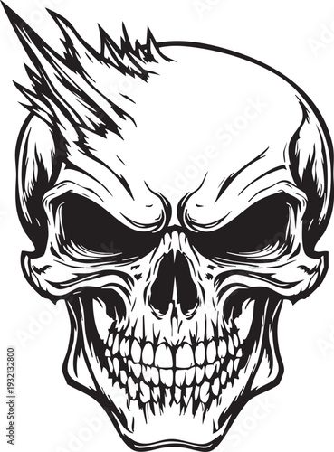 Menacing skull illustration with punk rock style mohawk aggressive expression and detailed anatomy on white background