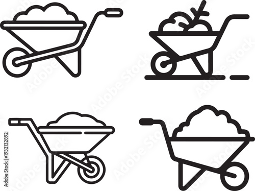 Wheelbarrow Icon Set with Sand and Soil for Construction and Gardening