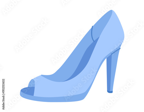 Peep toe pump women blue heel flat shoe. Open toe fashion dress footwear for party, wedding, summer vacation. Technical illustration, CAD mockup, bright vector men unisex isolated playful chic style.