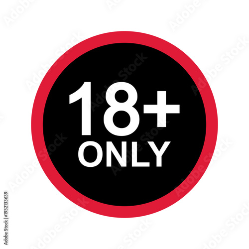 Eighteen plus icon. Number 18 in black circle with red border isolated on white background. Age censor sign. Movie view, website visit, adult only or alcohol limit labels. Vector flat illustration