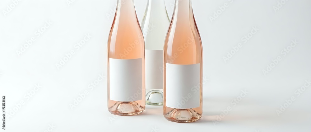 Fototapeta premium Three elegant wine bottles with blank white labels on clean background, featuring rose and white wine varieties for branding mockup and packaging design projects.
