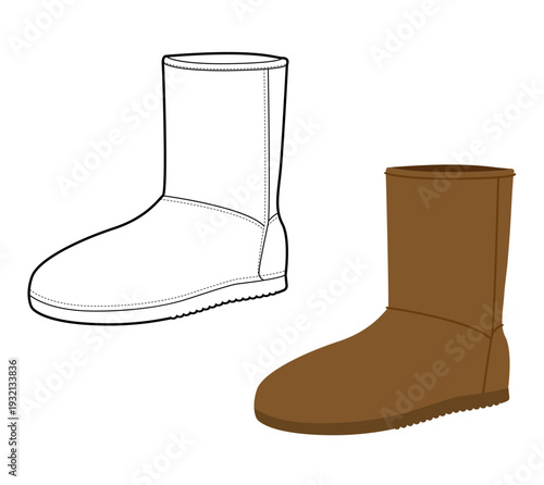 Brown mid shaft winter boot women color plus line set. Fleece lined flat boot for footwear guide chart. Technical fashion illustration CAD mockup mixed vector man unisex isolated stylish style.