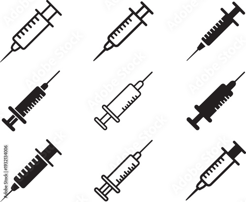 Set of 9 syringe icons representing vaccination, injections, and medical treatment
