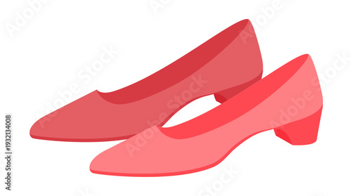 Pink low heel pump shoe women flat pair. Closed toe dress shoe for party, family gathering, chic wardrobe. Technical fashion illustration, CAD mockup, soft vector men unisex isolated modern style.