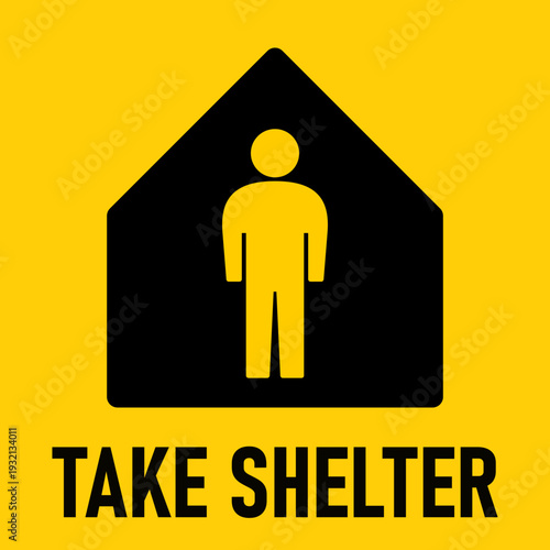 Take Shelter or Shelter in Place Stay at Home Bunker Warning Info Sign Symbol Icon. Vector Image.