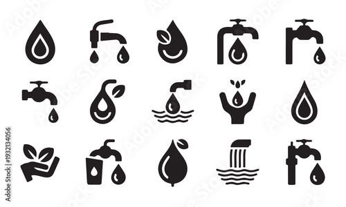 Set of water droplets and taps icons in black on white background for graphic resources