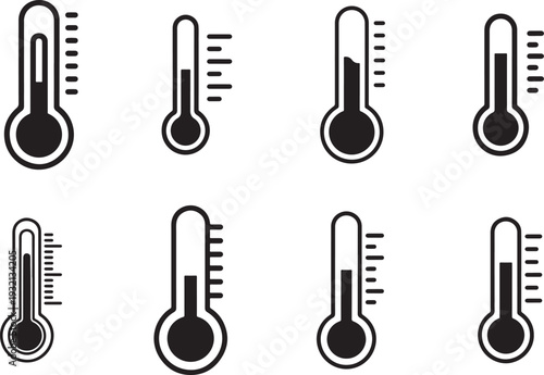 Collection of 8 thermometer icons for fever detection and temperature monitoring