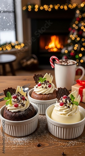 Delicious individual desserts served on a wooden table before a cozy fireplace and festive decorations