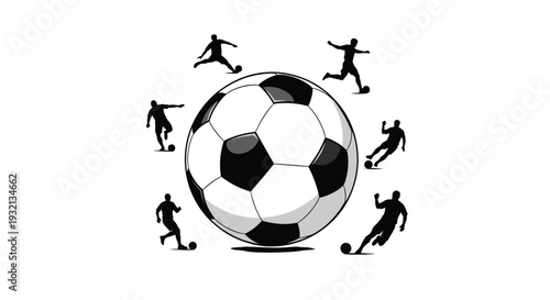 A large black and white soccer ball is centrally positioned, surrounded by seven dynamic black silhouettes of soccer players in action poses.