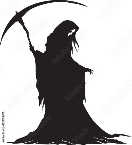 Dark silhouette of grim reaper with scythe standing against white background symbolizing death and mortality with dramatic lighting and tattered robes