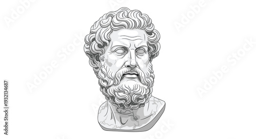 A detailed grey bust of an ancient Greek philosopher with a prominent beard and curly hair is centrally positioned.