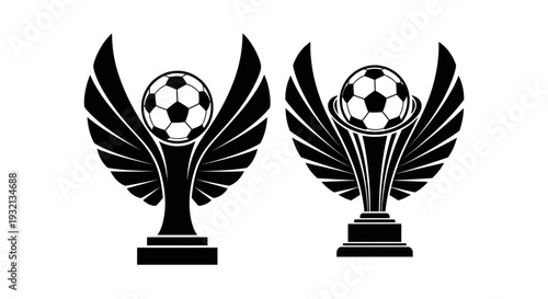 Trophy awards with soccer balls and wings, symbolizing achievement and excellence in sports, presented in a graphic illustration