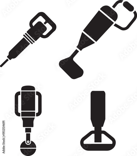 Industrial jackhammer and pneumatic drill icons set for construction and demolition work